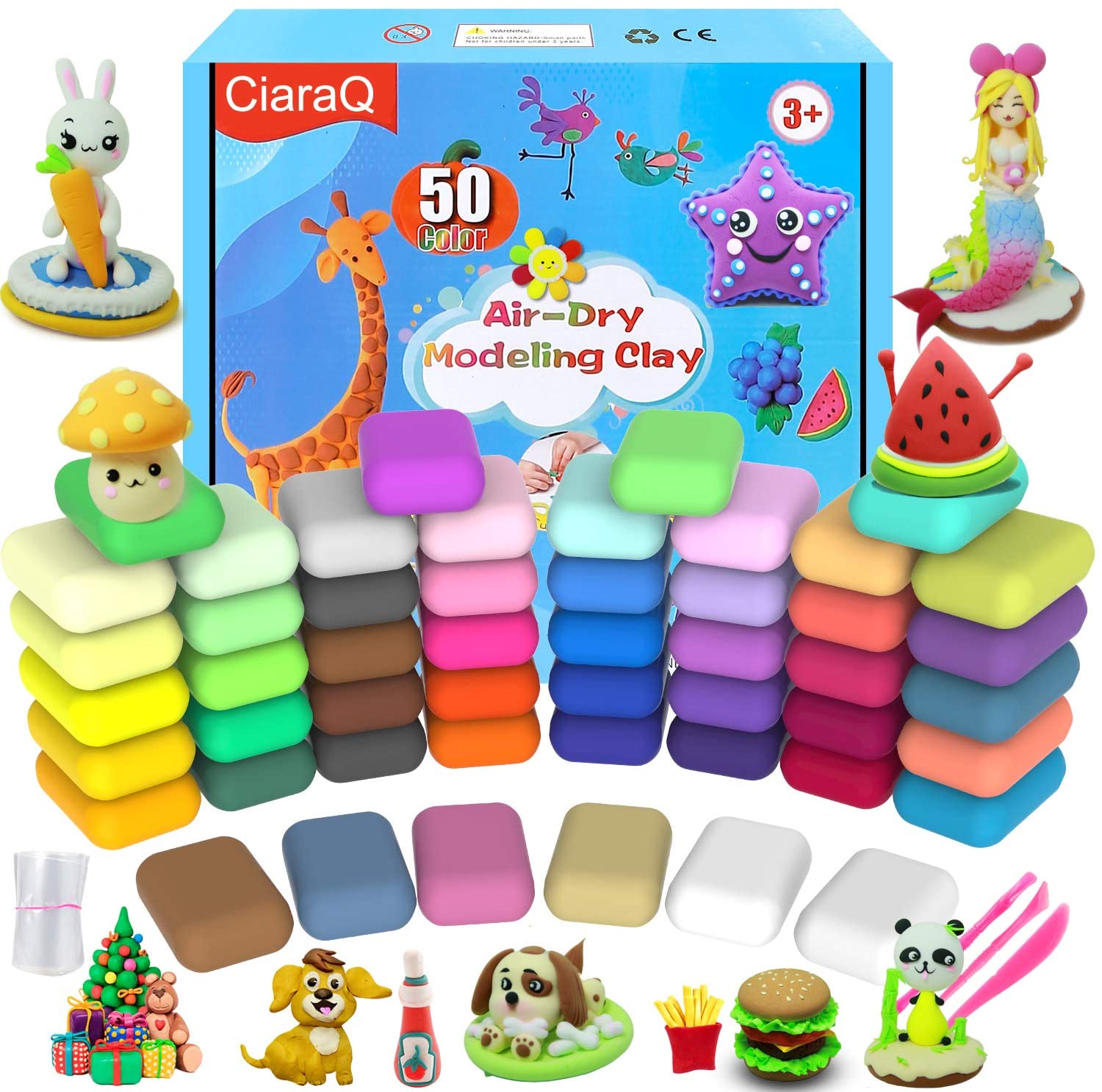 Creative Kids Air Dry Clay Modeling Crafts Kit - Super Light Nontoxic - 50 Vibrant Colors & 6 Clay Tools - Stem Educational DIY