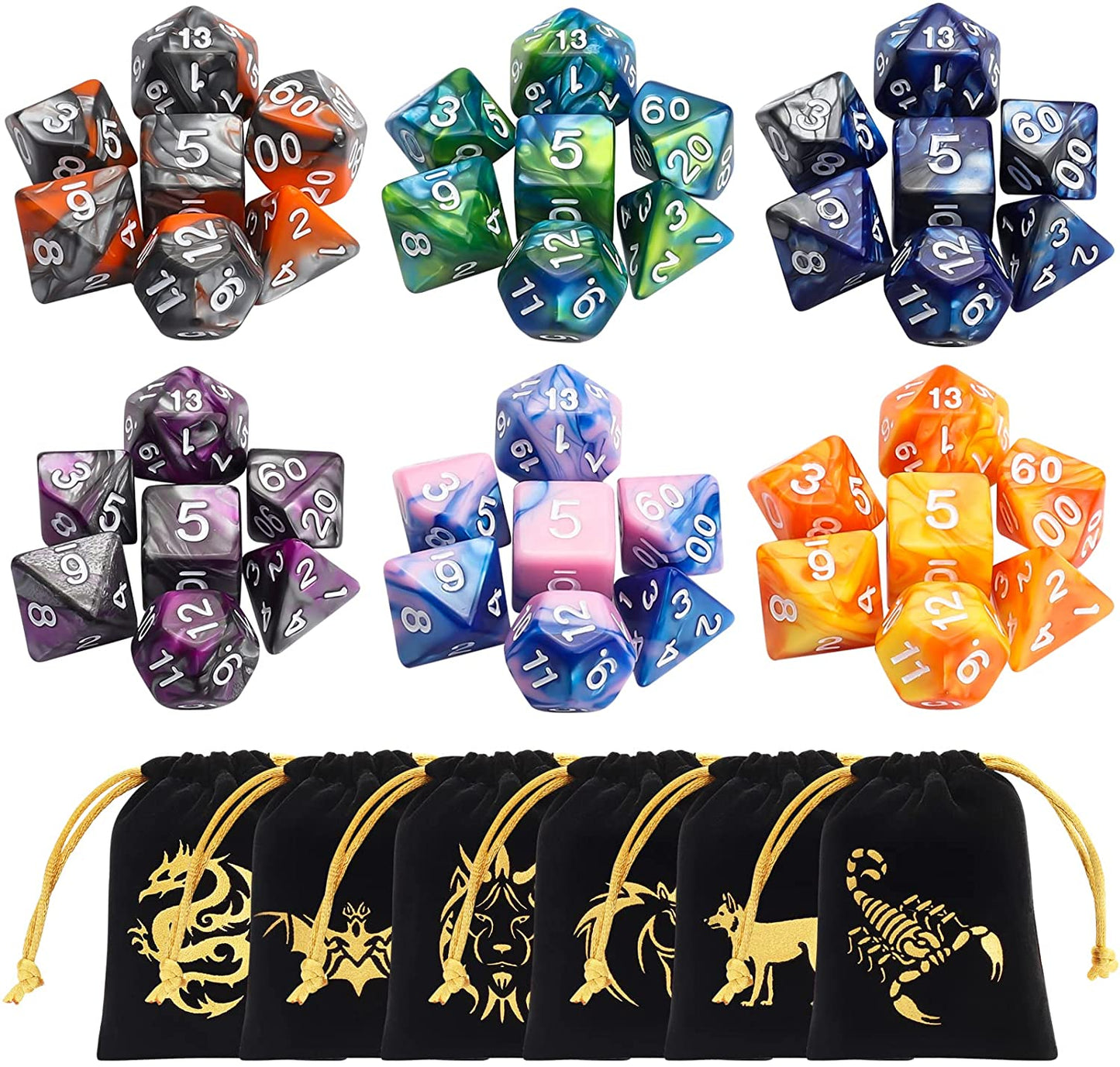 CiaraQ DND Dice Set Polyhedral Dice Set (42 Pcs) with 6 Gold Pattern Drawstring Pouches. Great for Dungeons and Dragons RPG MTG Table Games. 6 X 7 Double-Colors Dice Sets (D4 D6 D8 D10 D% D12 D20 )