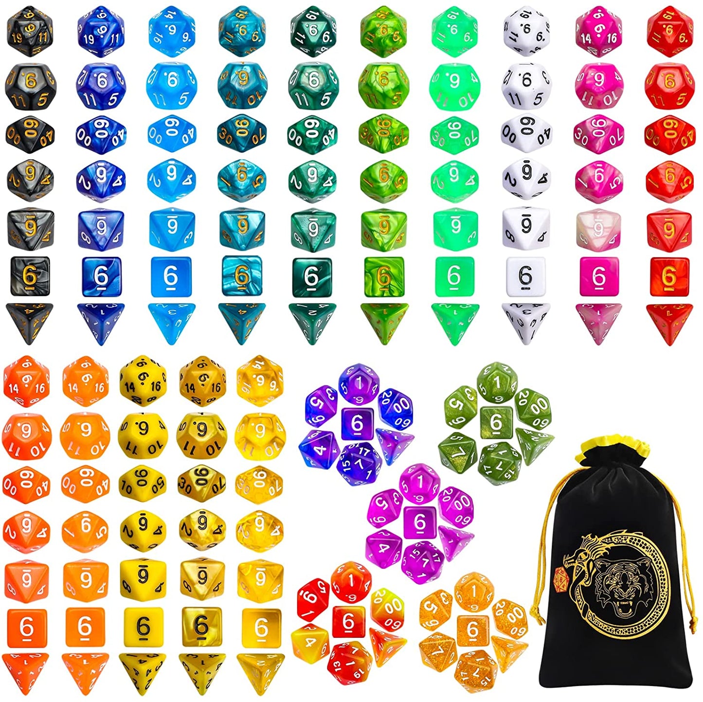 CiaraQ DND Dice Sets - 20 X 7 Polyhedral Dice (140pcs) with a Large Drawstring Bag Great for Dungeons and Dragons, Role Playing Table Game.