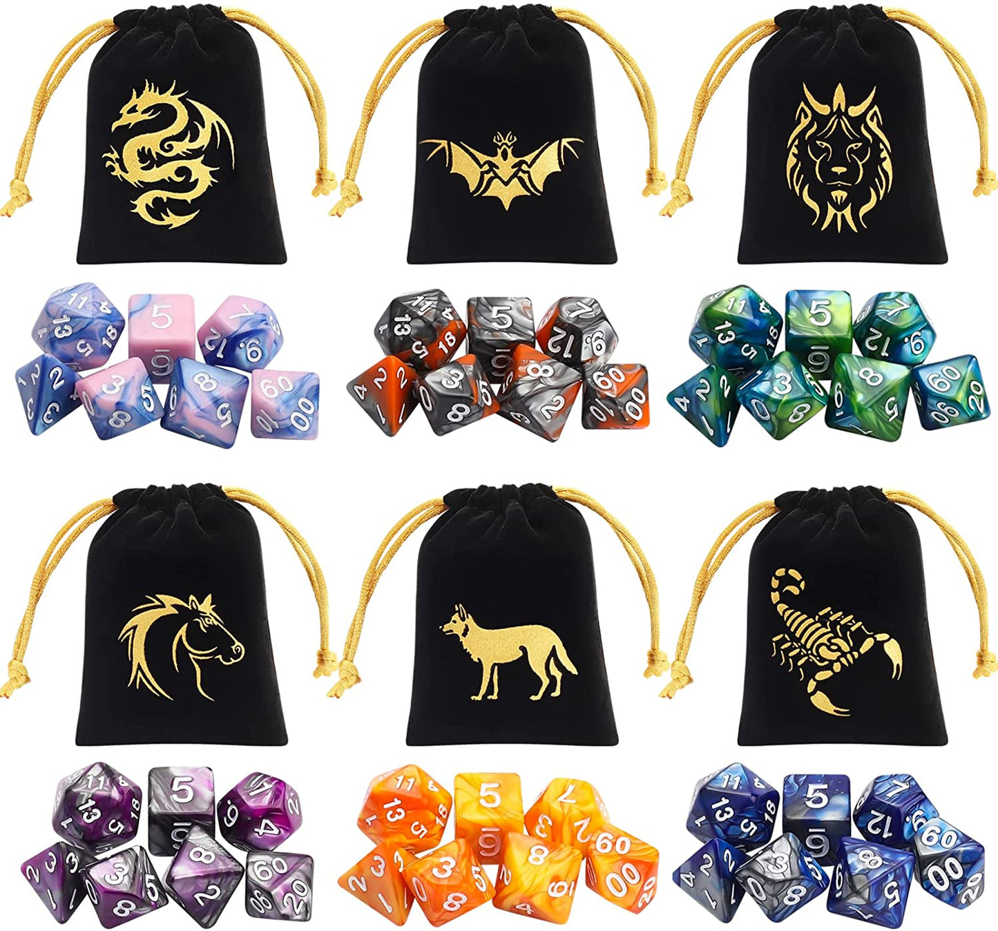 CiaraQ DND Dice Set Polyhedral Dice Set (42 Pcs) with 6 Gold Pattern Drawstring Pouches. Great for Dungeons and Dragons RPG MTG Table Games. 6 X 7 Double-Colors Dice Sets (D4 D6 D8 D10 D% D12 D20 )