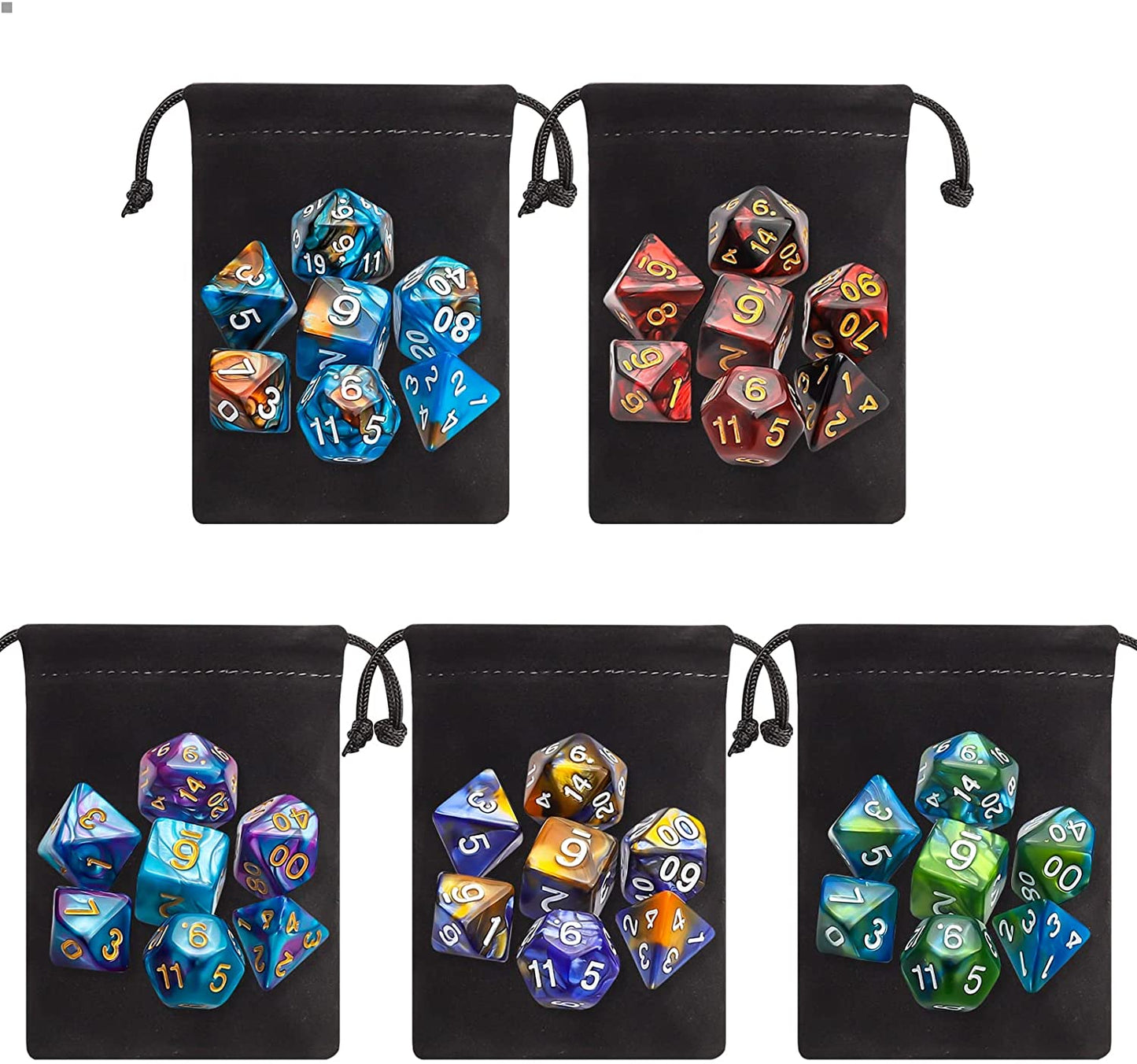 CiaraQ Polyhedral Dice Set (35 Pieces) with Black Pouches, 5 Complete Double-Colors Dice Sets of D4 D6 D8 D10 D% D12 D20 Compatible with Dungeons and Dragons DND RPG MTG Table Games