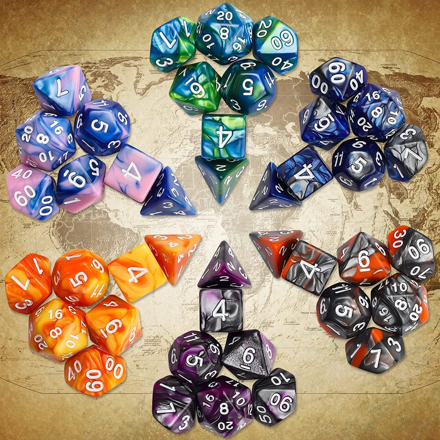 CiaraQ DND Dice Set Polyhedral Dice Set (42 Pcs) with 6 Gold Pattern Drawstring Pouches. Great for Dungeons and Dragons RPG MTG Table Games. 6 X 7 Double-Colors Dice Sets (D4 D6 D8 D10 D% D12 D20 )