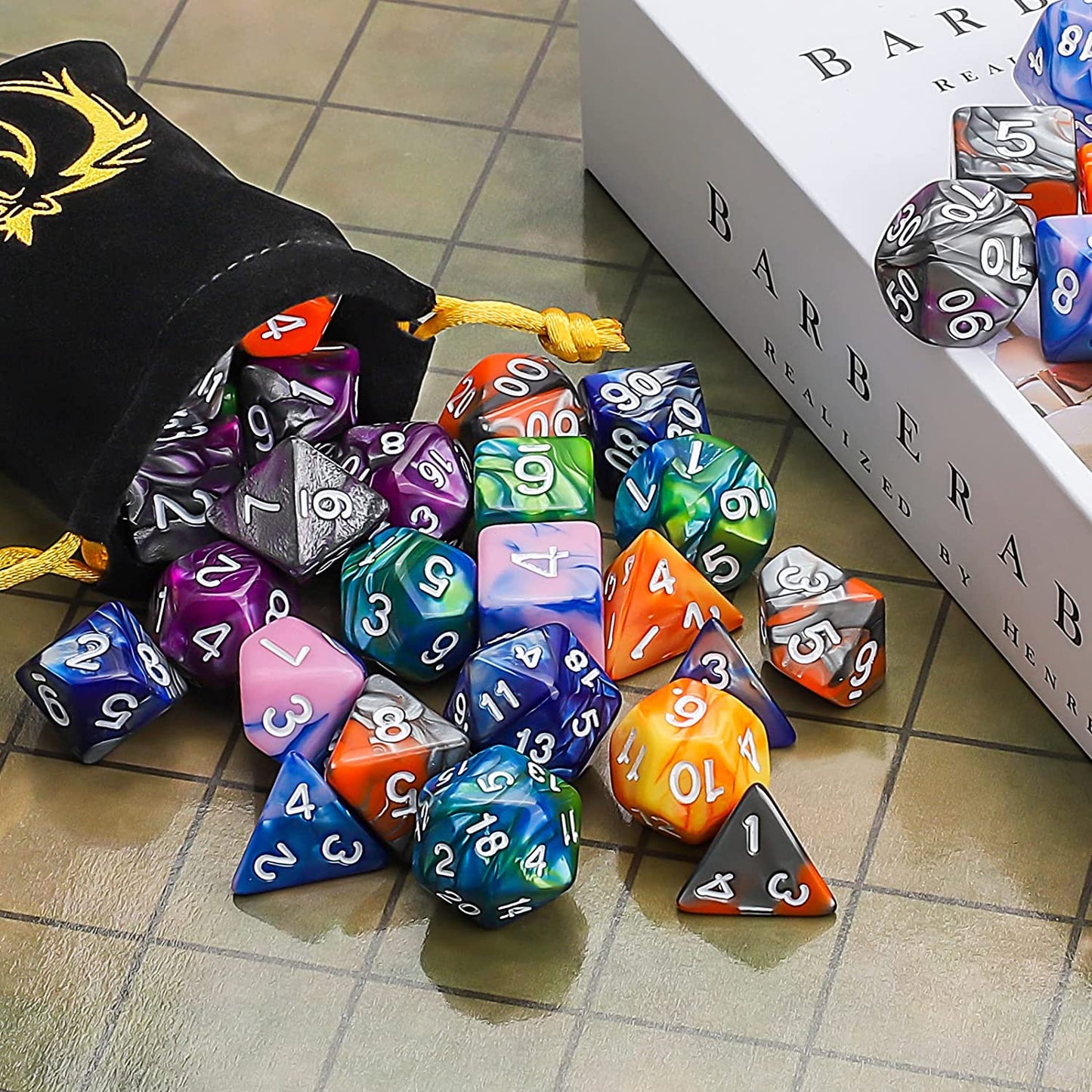 CiaraQ DND Dice Set Polyhedral Dice Set (42 Pcs) with 6 Gold Pattern Drawstring Pouches. Great for Dungeons and Dragons RPG MTG Table Games. 6 X 7 Double-Colors Dice Sets (D4 D6 D8 D10 D% D12 D20 )