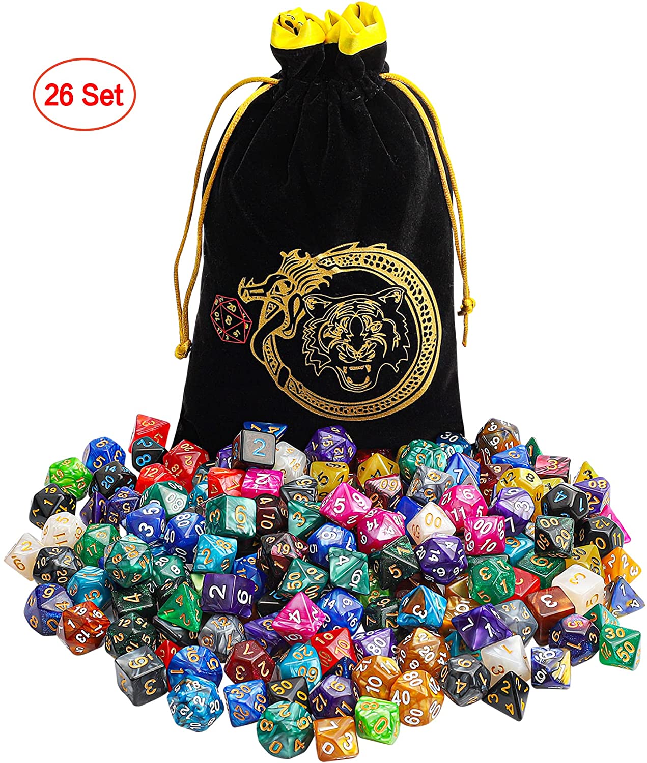 DND Dice Sets - 26 X 7 Polyhedral Dice (182pcs) with a Large Drawstring Bag Great for Dungeons and Dragons, Role Playing Table Game.