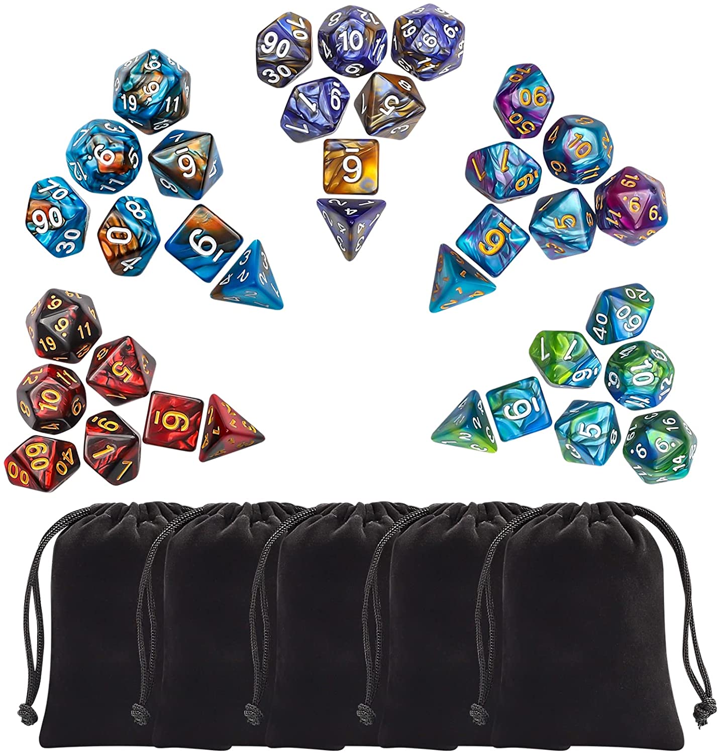 CiaraQ Polyhedral Dice Set (35 Pieces) with Black Pouches, 5
